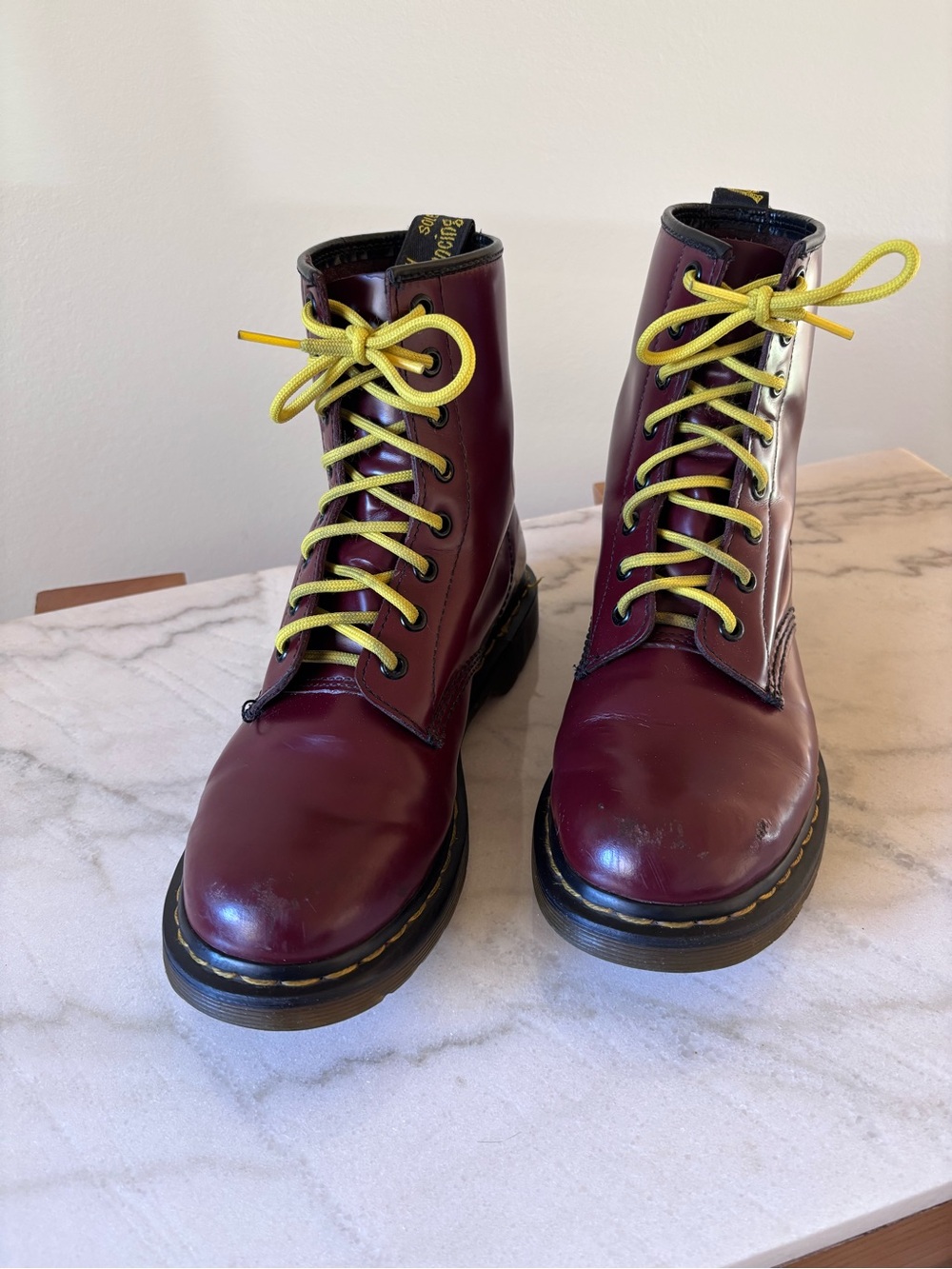 Dr. Martens 1460 Smooth Leather Boots in Cherry & Heritage Yellow Laces Size 8
